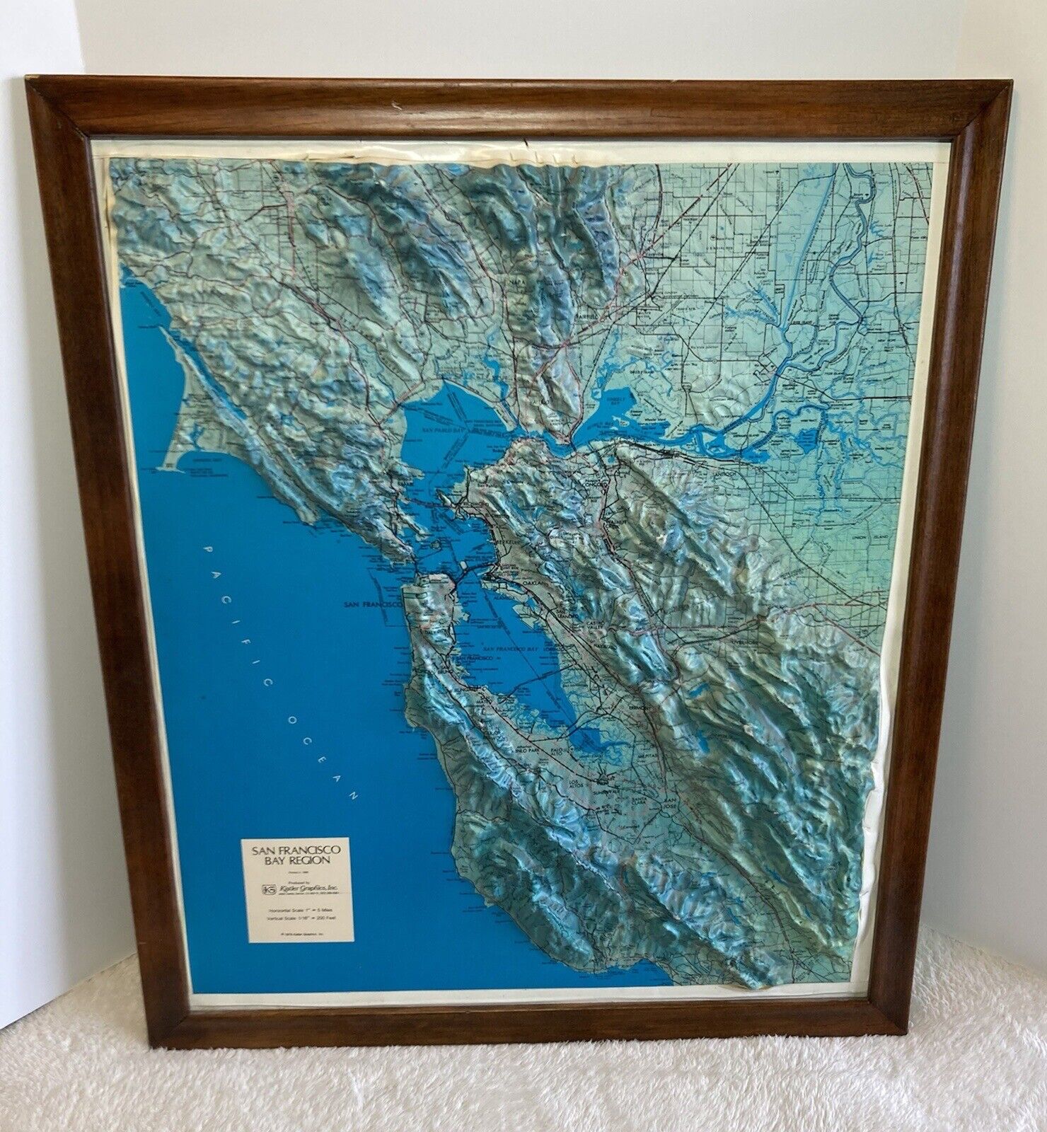 3D topographic map of San Francisco Bay Region framed, Kistler Graphics Inc 1986