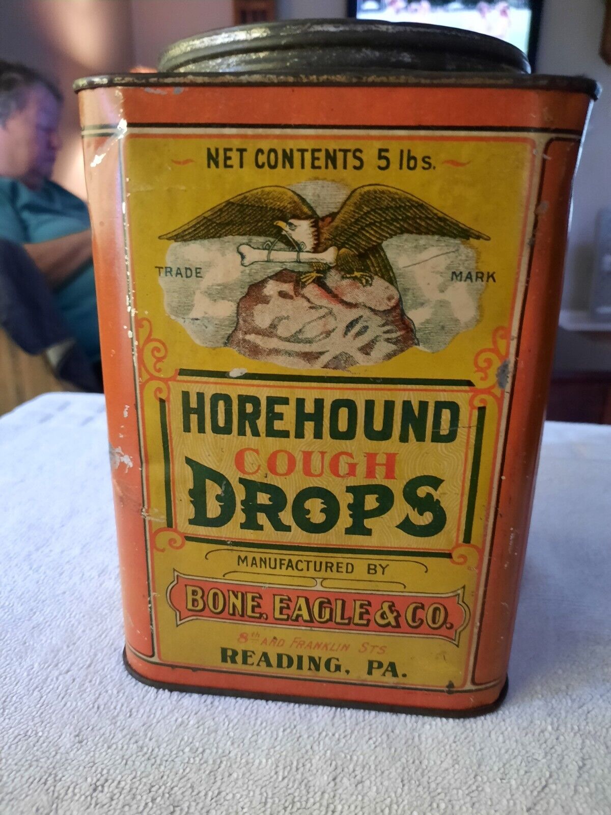 HTF Early 1900s Antique Bone Eagle HOREHOUND COUGH DROPS TIN Reading, PA AMAZING