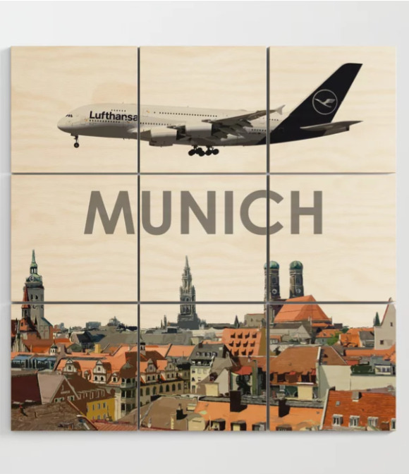 Lufthansa Airbus A380 over Munich Art - 3' x 3' Wood Wall Art