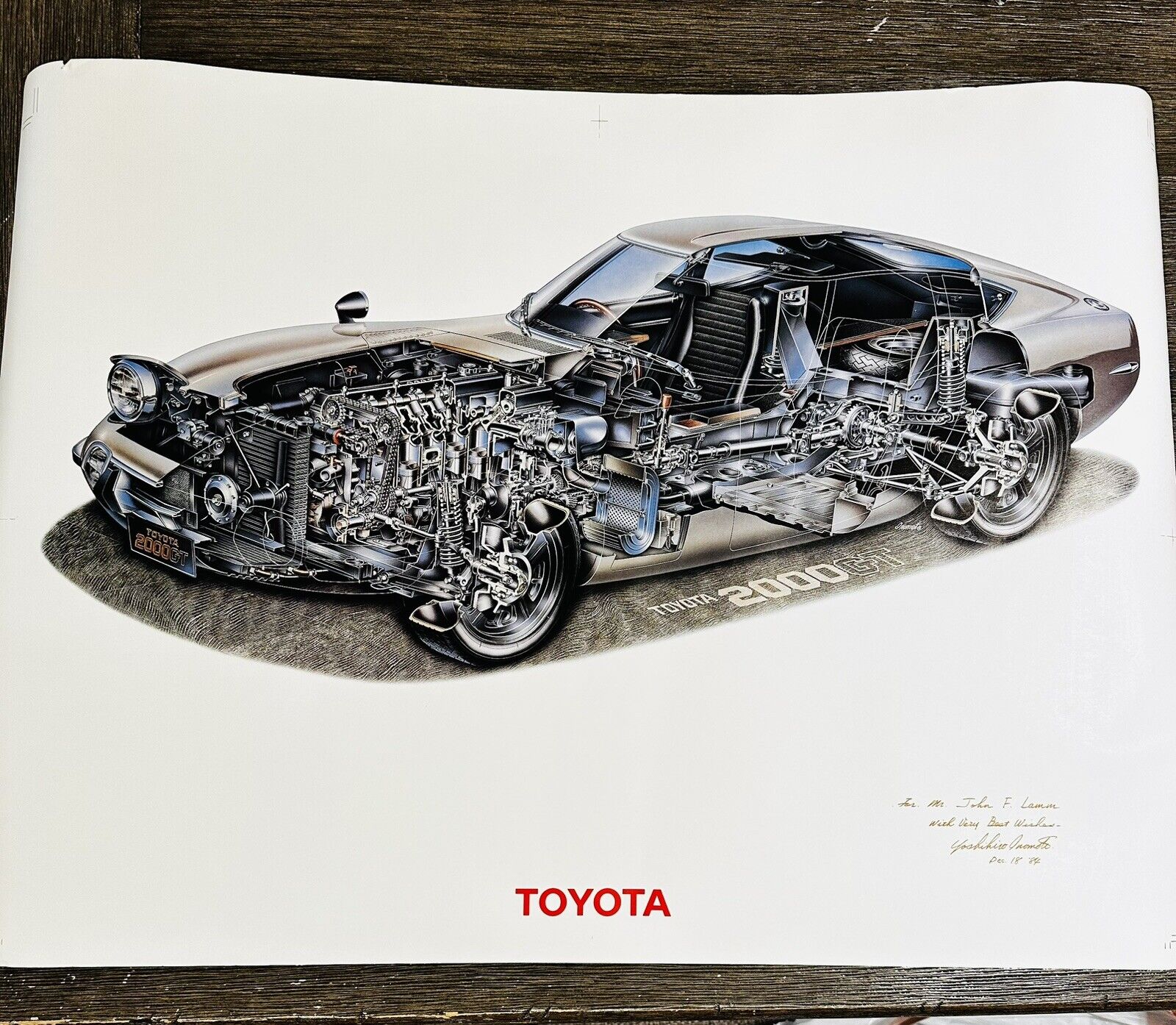 Autographed  YOSHIHIRO INOMOTO Toyota 2000GT Cutaway Print. Very Rare.