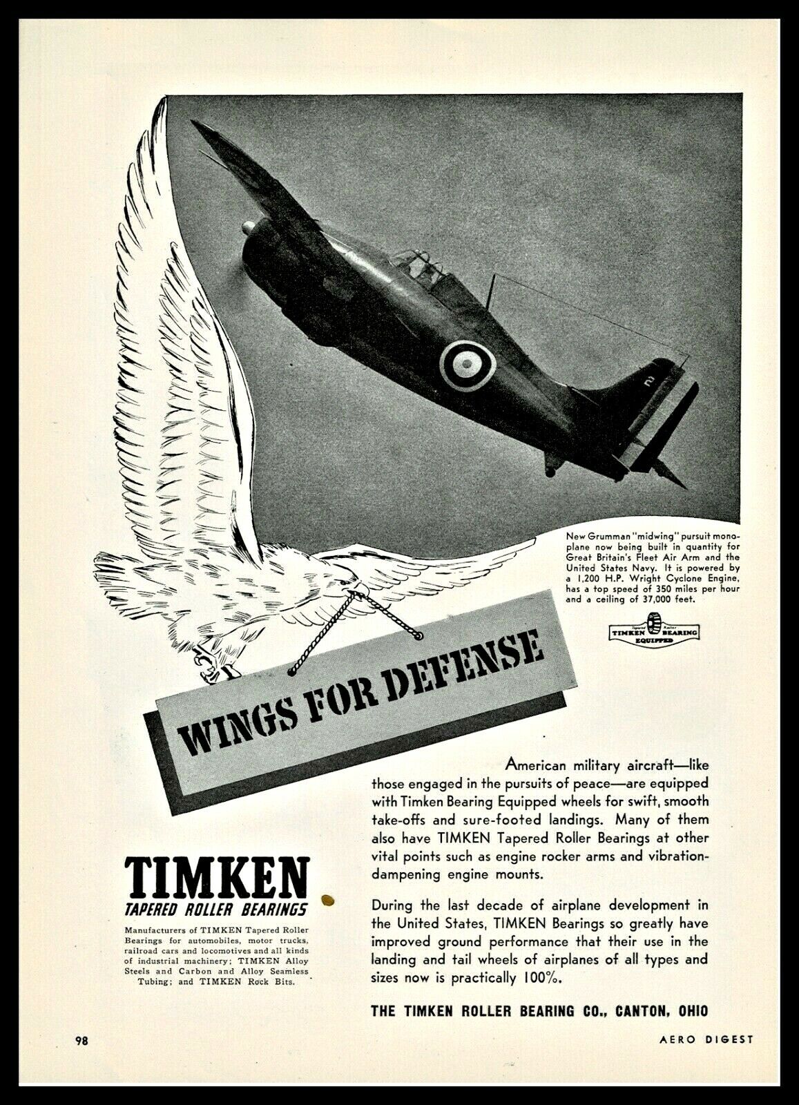 1941 GRUMMAN Mid Wing Pursuit Military Plane R.A.F.  U.S. Navy Timken Photo AD