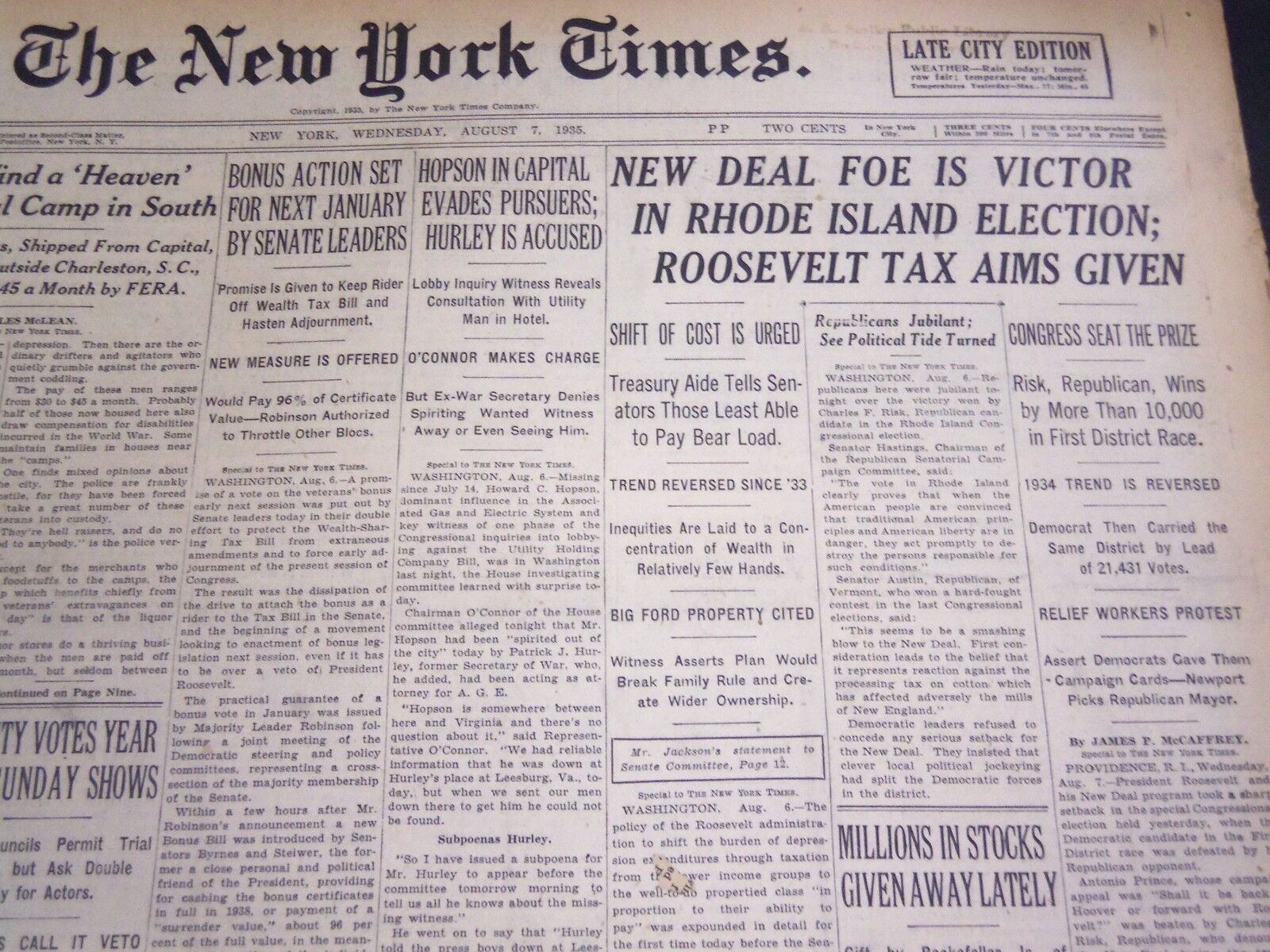 1935 AUGUST 7 NEW YORK TIMES - NEW DEAL FOE VICTOR IN RHODE ISLAND - NT 4860