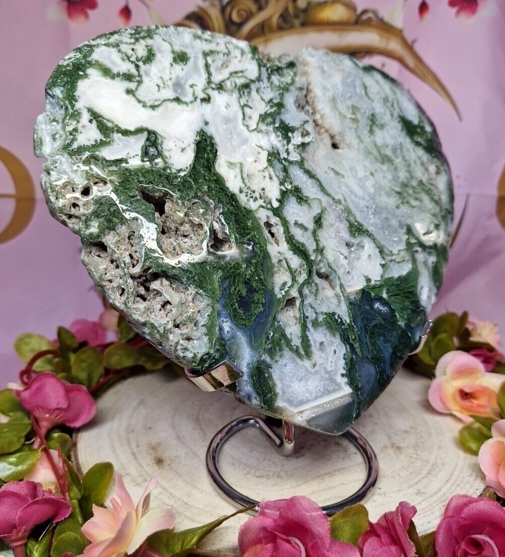 Beautiful Big Brazilian Druzy Moss Agate Heart Carving 180mm 1.06kg & Stand