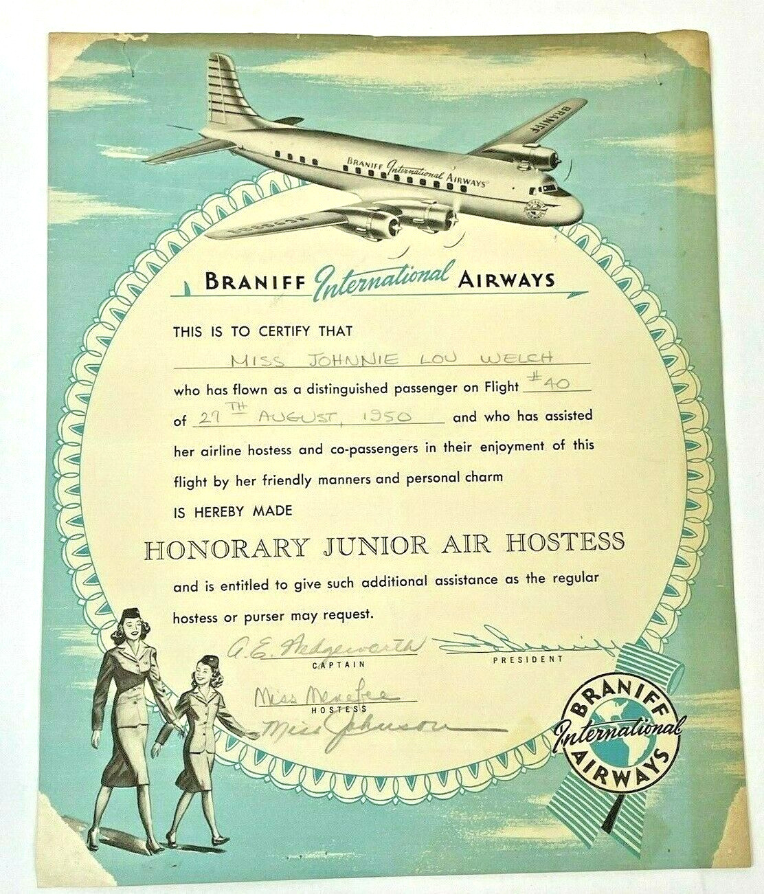 Vintage Braniff International Airways Honorary Junior Air Hostess Certificate 