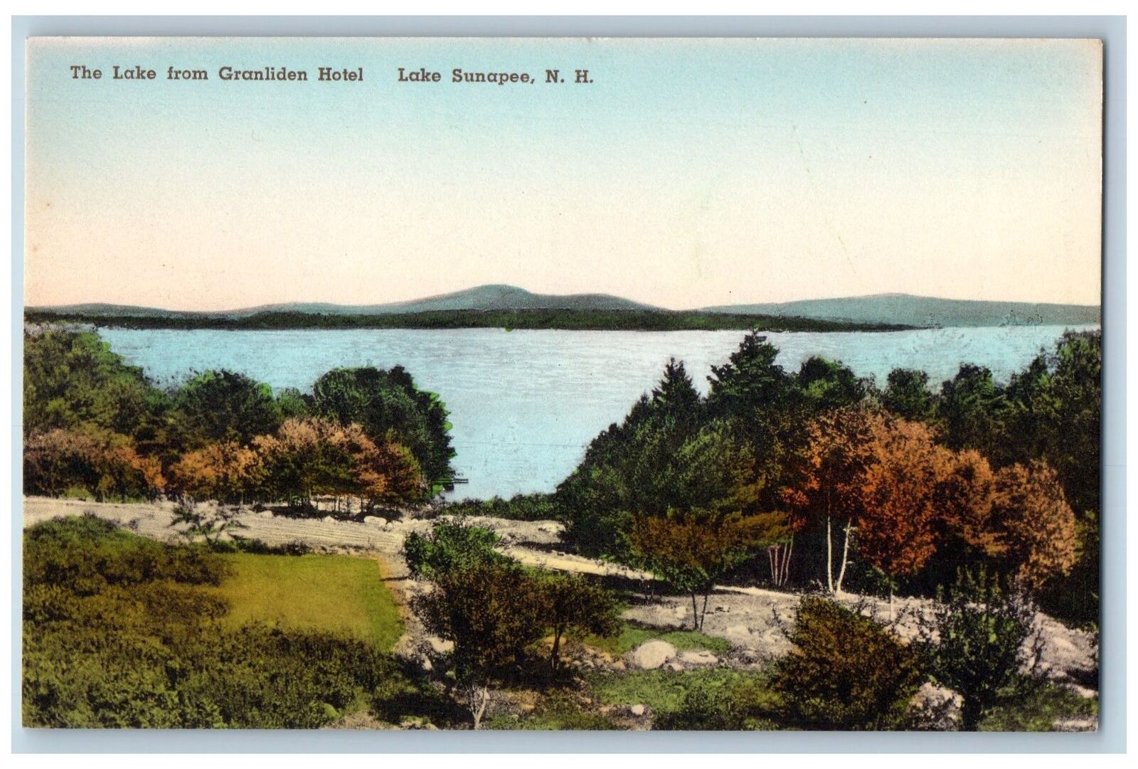 c1950 Lake From Granliden Hotel Restaurant  Dirt Road Lake Sunapee NH Postcard