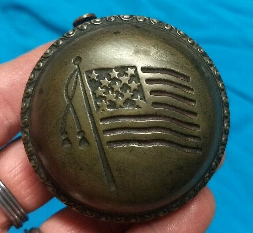 PUSH-BUTTON/WINDER/US-FLAG Embossed CAST BRASS BICYCLE BELL/ANTIQUE BICYCLE/TOC