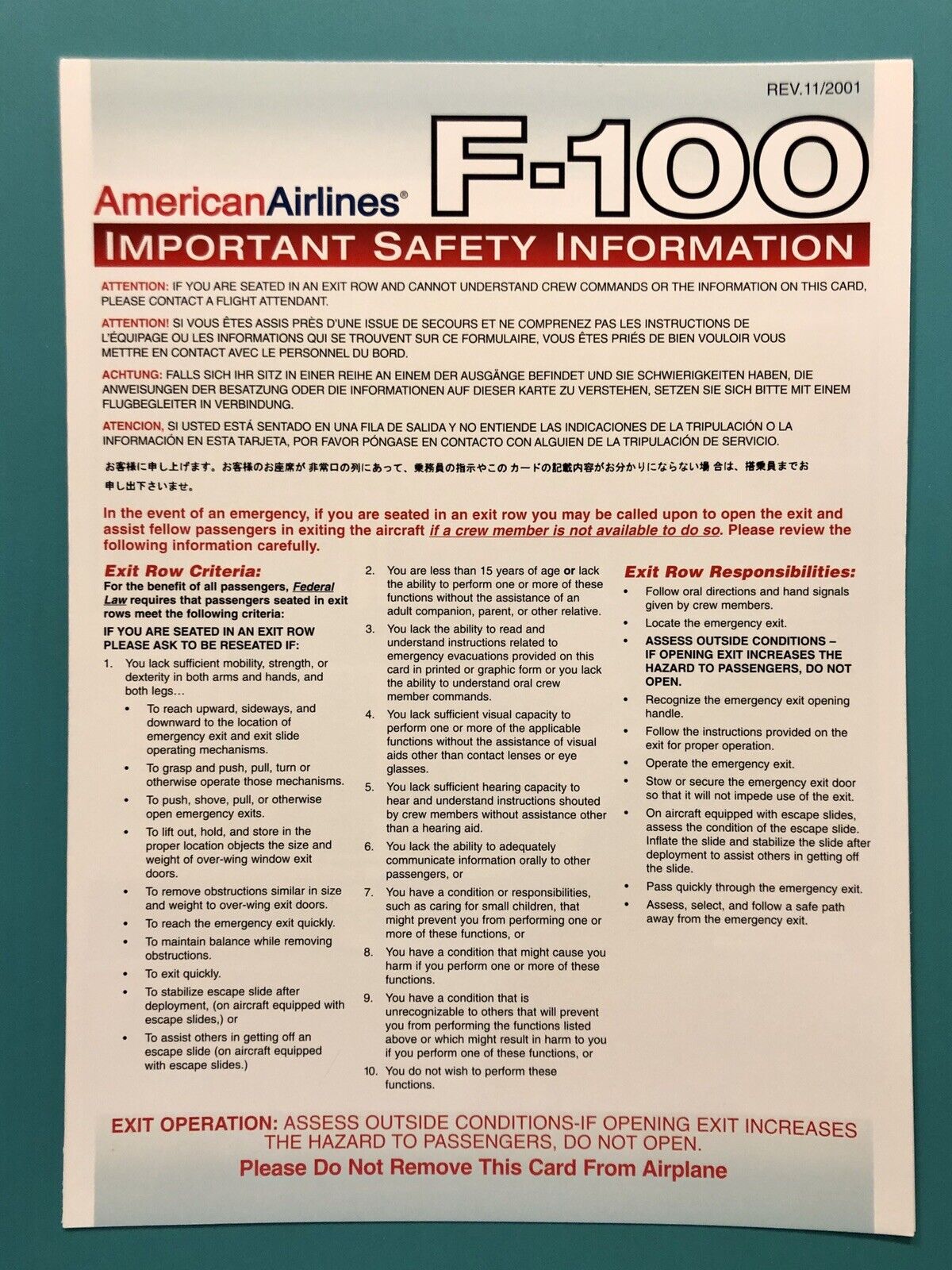 AMERICAN AIRLINES SAFETY CARD--FOKKER 100