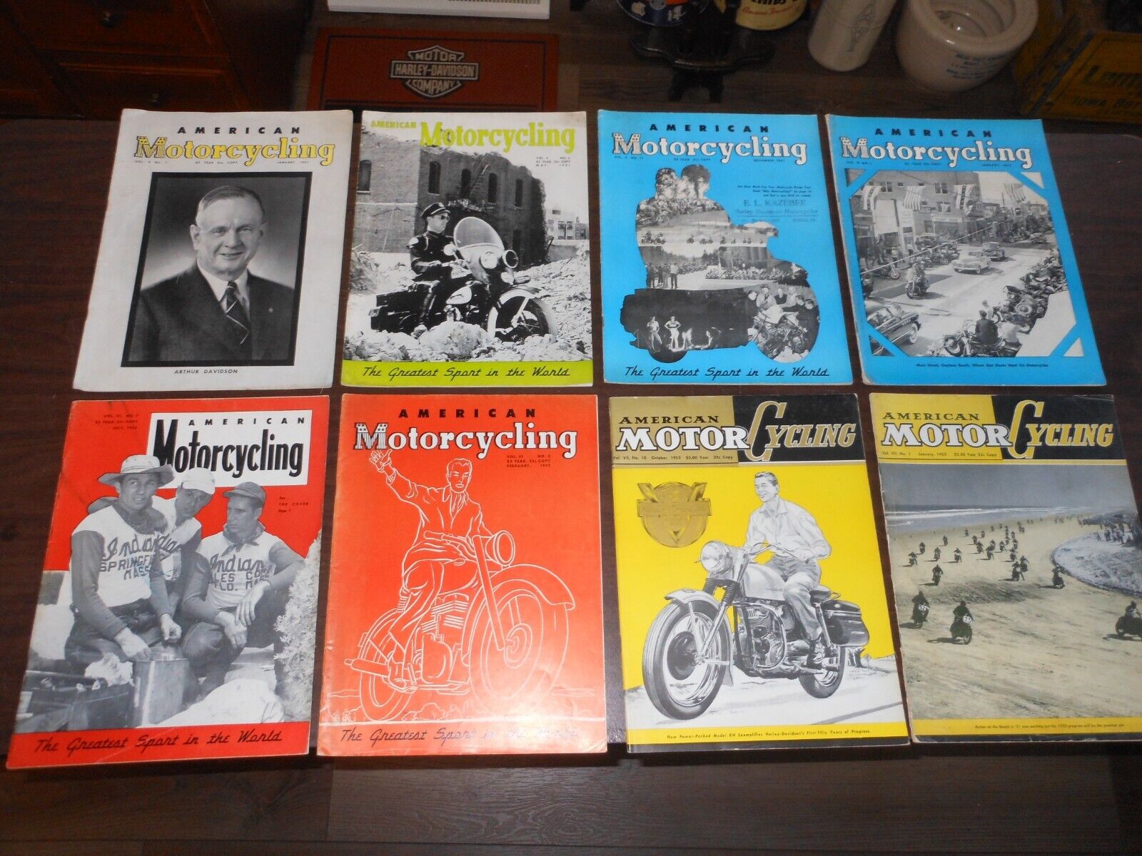 AMERICAN MOTORCYCLING MAGAZINES LOT OF 8,1951-1953 HARLEY INDIAN.