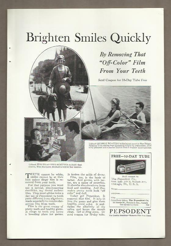 Vintage Print Ad Pepsodent Toothpaste Dentist Flapper Girl Boating Photo 1927