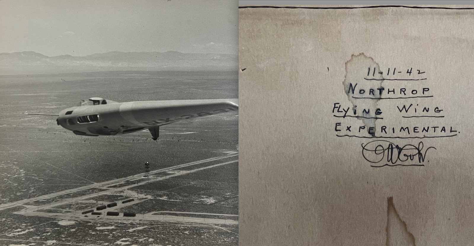 RARE 1940s NORTHROP FLYING WING N1-M ORIGINAL PHOTO EDWARDS SIGNED LOST ARK WWII
