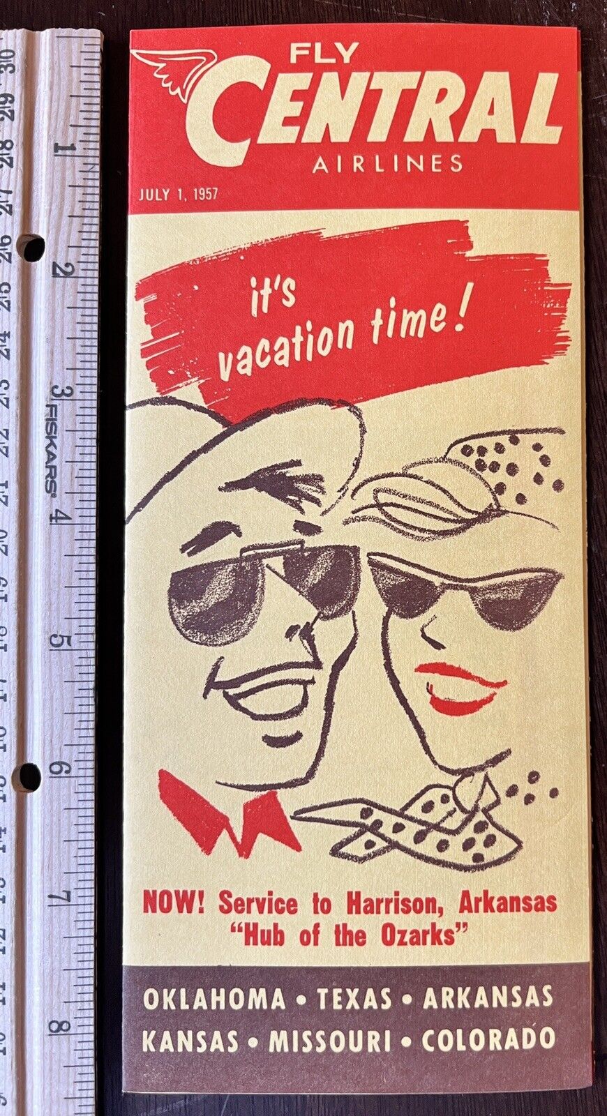 1957 FLY CENTRAL AIRLINES BROCHURE IT\'S VACATION TIME MARRIED COUPLE SUNGLASSES