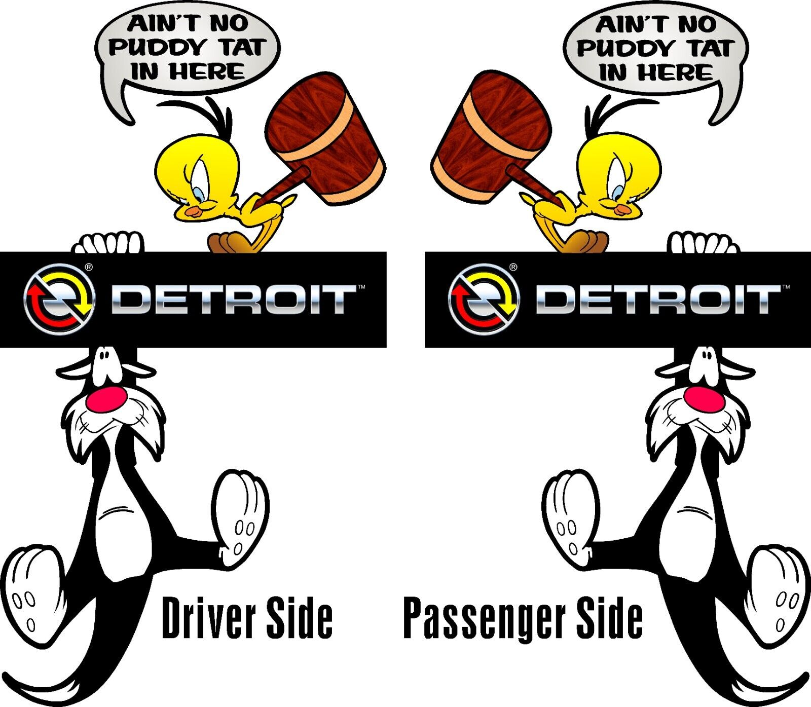 Detroit Diesel Emblem with vintage Tweety & Sylvester Parody Sticker Decal