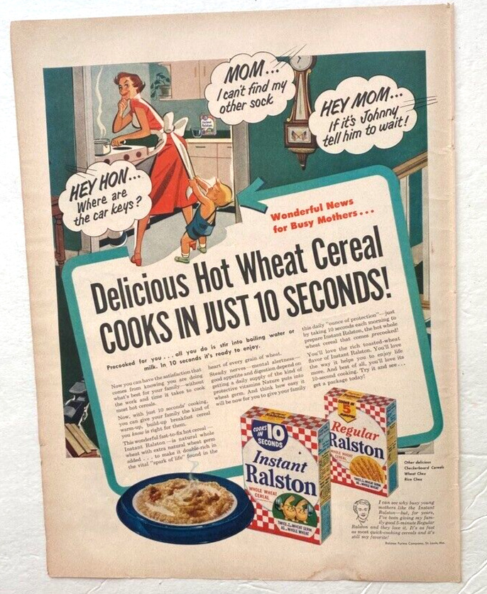 Ralston Vintage Print Ad 1952 Mom Son Breakfast Hot Cereal Kitchen  10.5x14 In
