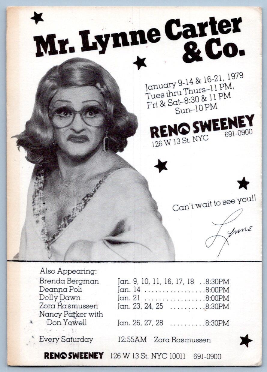 1979 RENO SWEENEY NIGHTCLUB NYC LYNNE CARTER CO FEMALE IMPERSONATOR POSTCARD