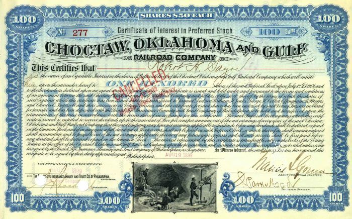 Choctaw, Oklahoma and Gulf Railroad Co. - 1899-1910 dated Railway Stock Certific