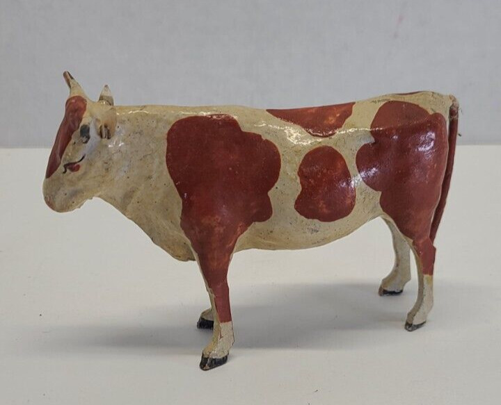 Vintage Antique Figurine Toy Match Stick Leg Composition Papier Mache Cow Bull
