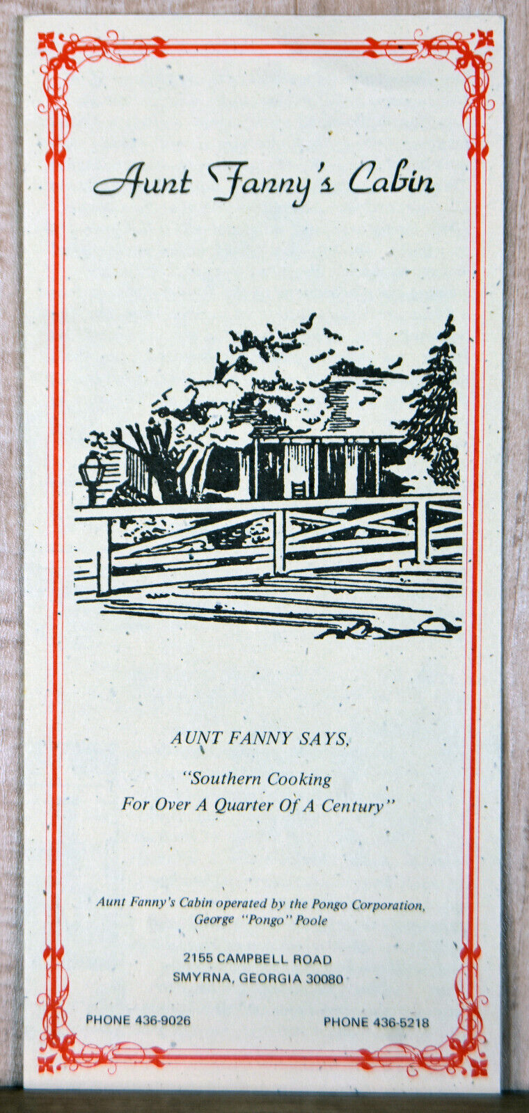 1970s Flyer Aunt Fanny\'s Cabin Southern Cooking Smyrna GA Restaurant