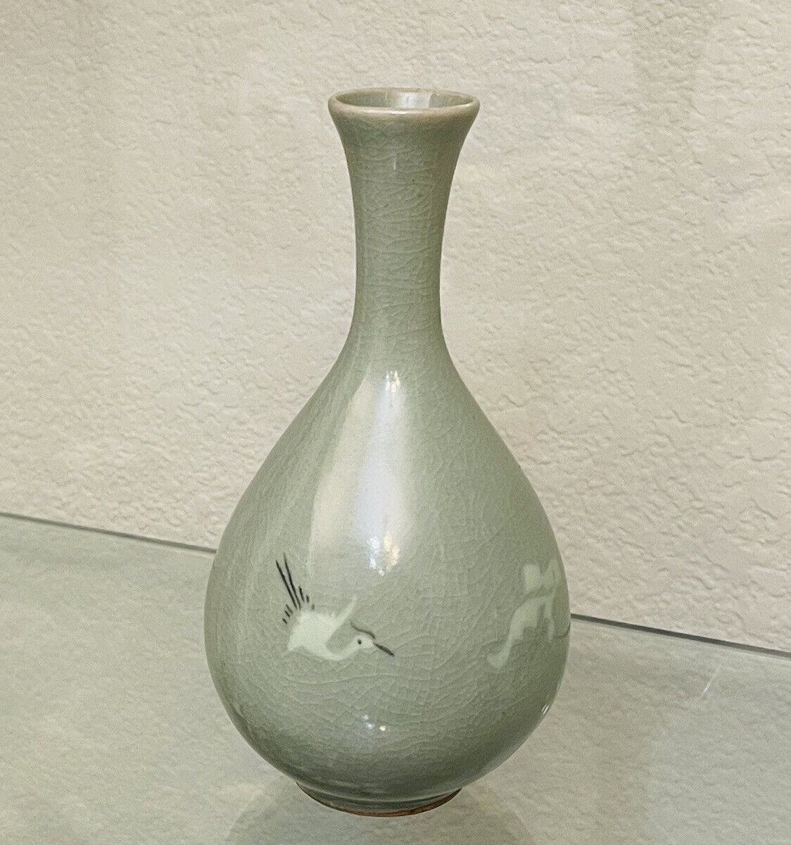 Oriental Crackled Celadon Glazed Cranes In Flight Bud Vase or Decanter 6.5\