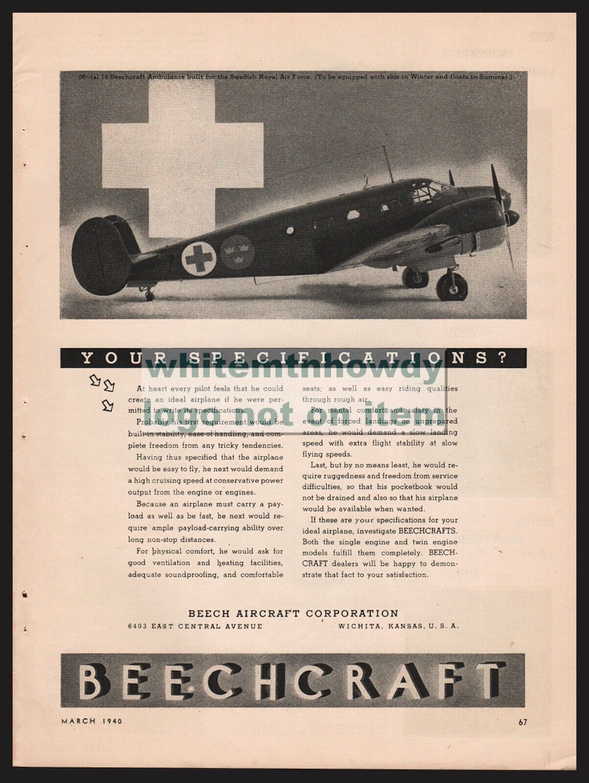 1940 BEECHCRAFT Twin Engine Aircraft Plane Vintage Aviation AD