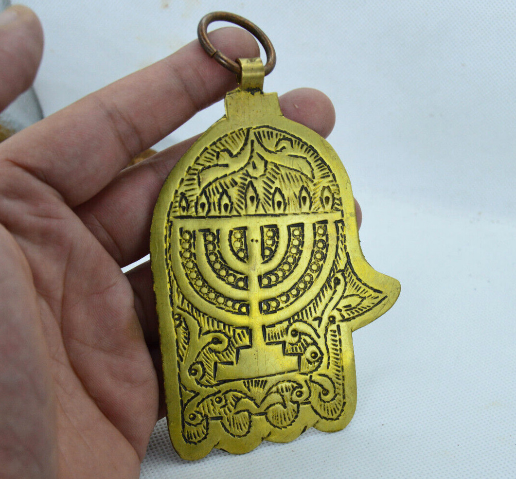 Ancient Moroccan Double Judaica Hamsa Bronze Amulet Engraved Pendant Very Rare