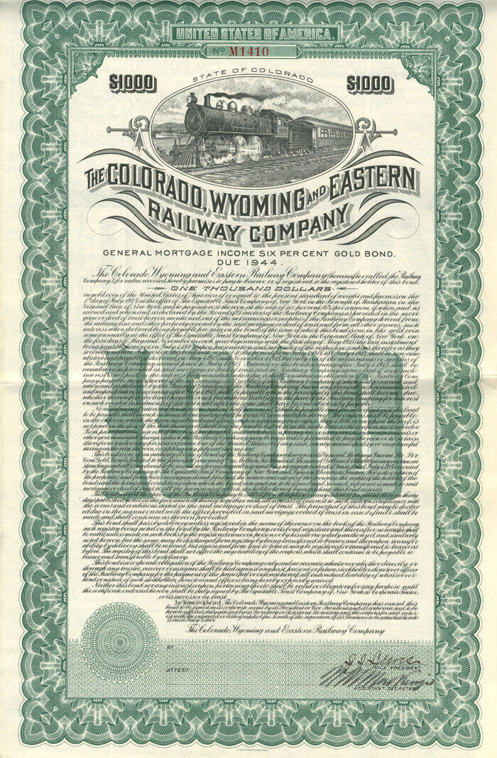 Colorado, Wyoming and Eastern Railway - 1914 dated $1,000 Railroad Bond (Uncance