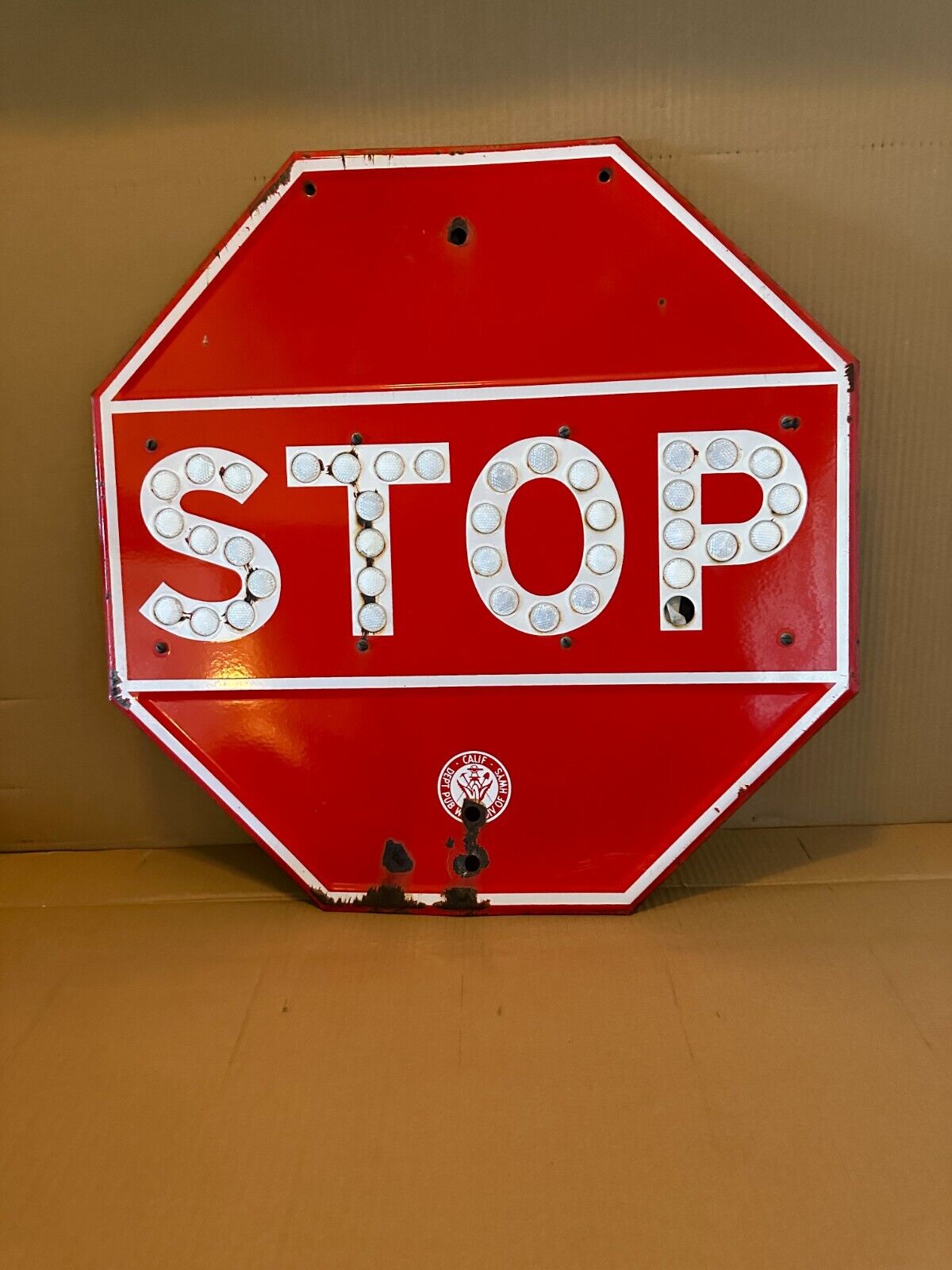 Vintage Stop Sign with Reflector Buttons 24x24 CA - Dept Public Works Div Hwy 