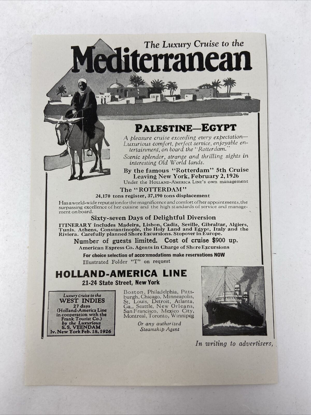 1926 Holland-America Line Steamship Print Ad Mediterranean Palestine Pyramid