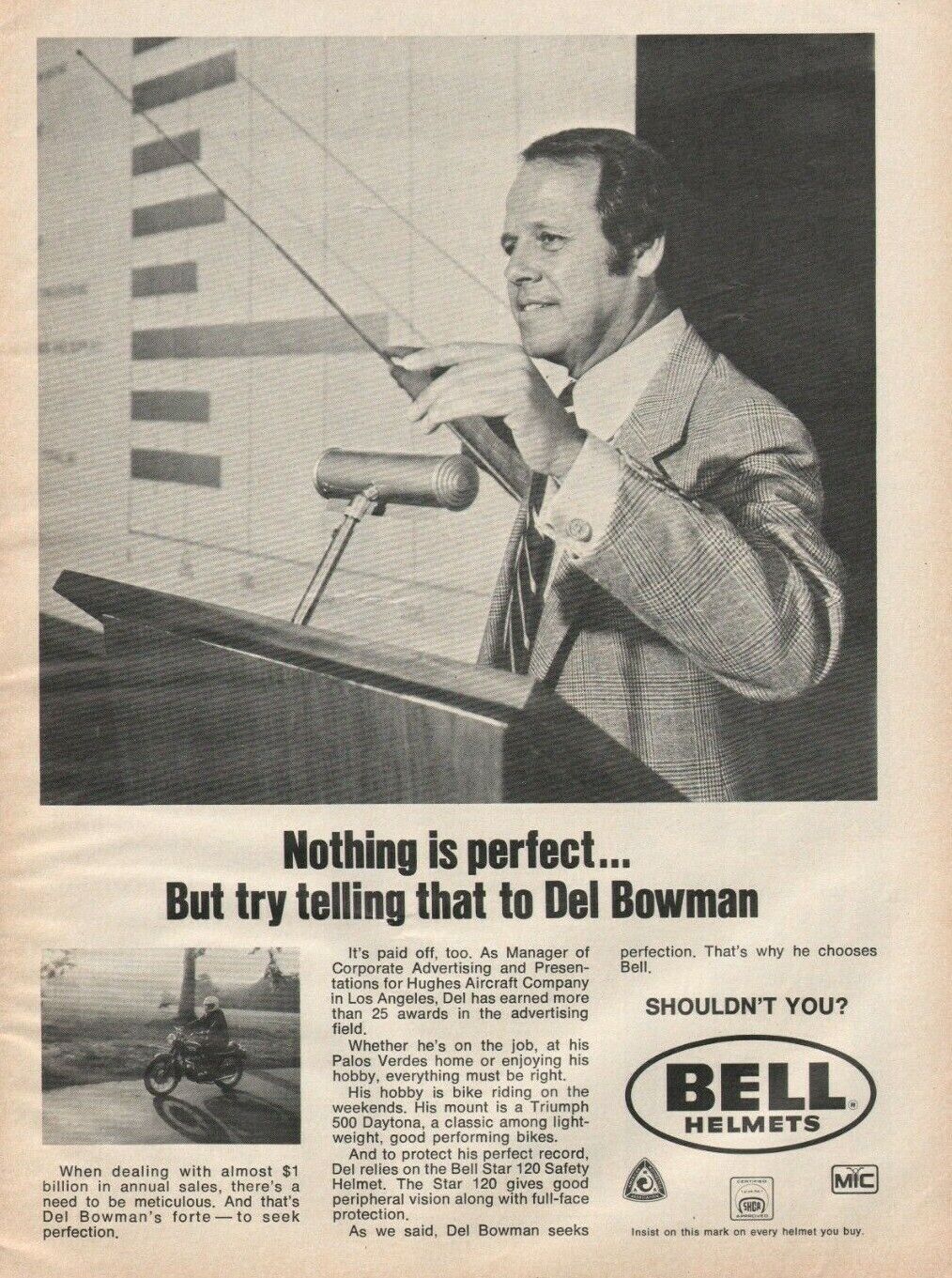 1973 Del Bowman, Hughes Aircraft / Bell Helmets - Vintage Motorcycle Ad