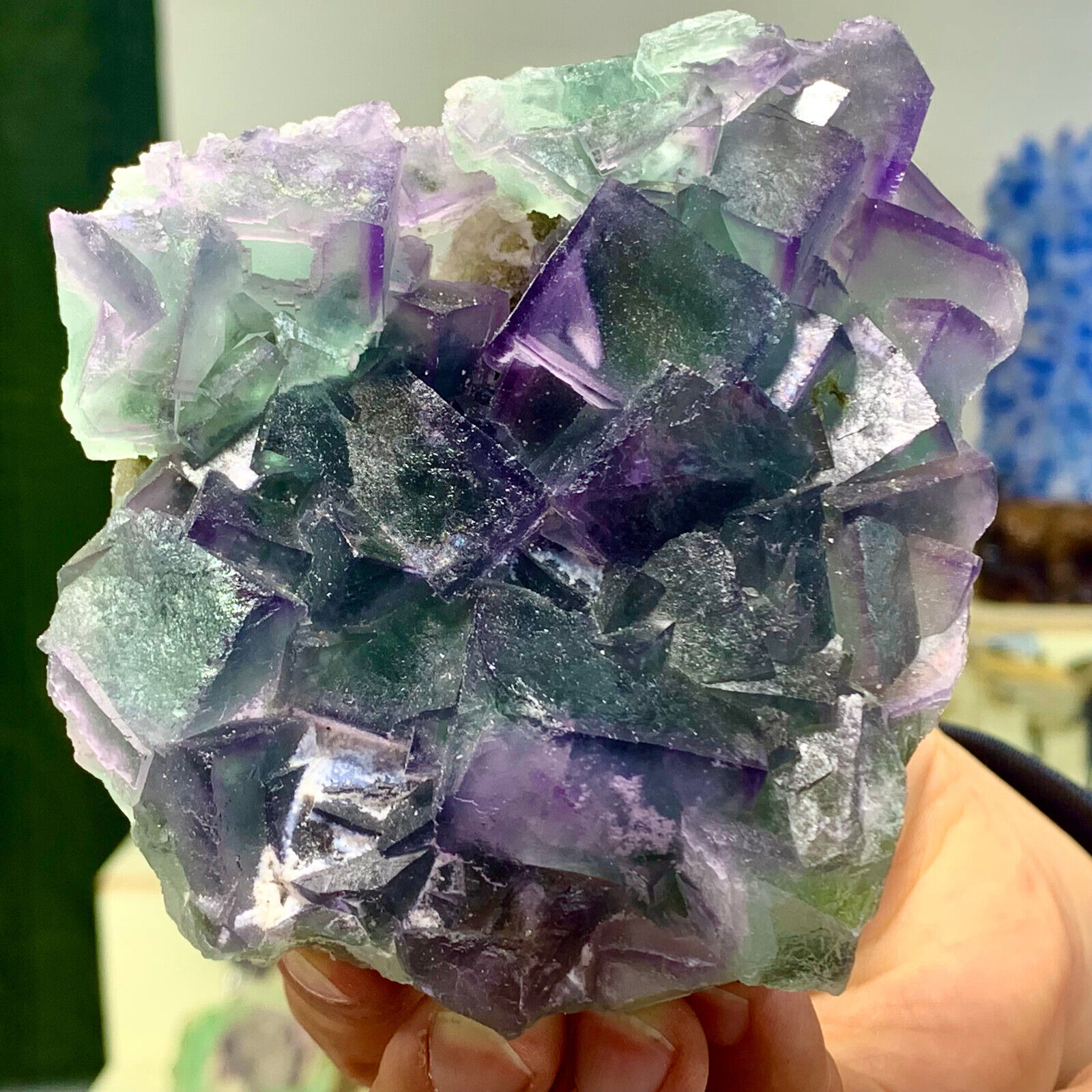 1.18LB Rare Transparent green +purple Cube Fluorite Mineral Crystal Specimen