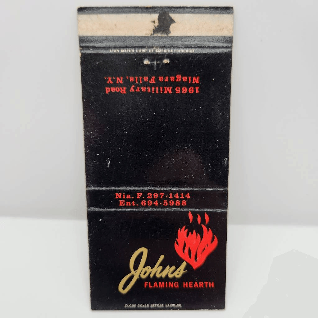 Vintage Matchcover Johns Flaming Hearth Niagara Falls New York 1965 Military Roa