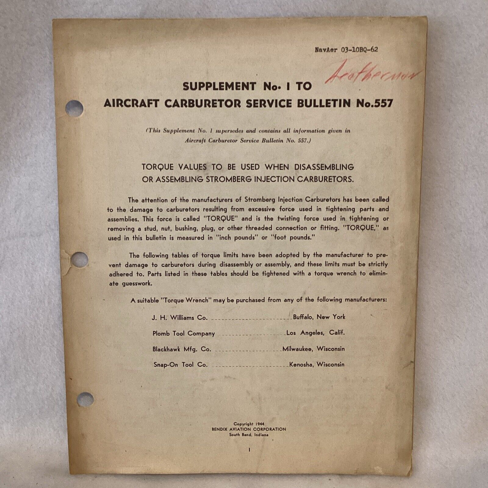 1944 Bendix Aviation Corp Supplement #1 To Aircraft Carb. Service Bulletin #557