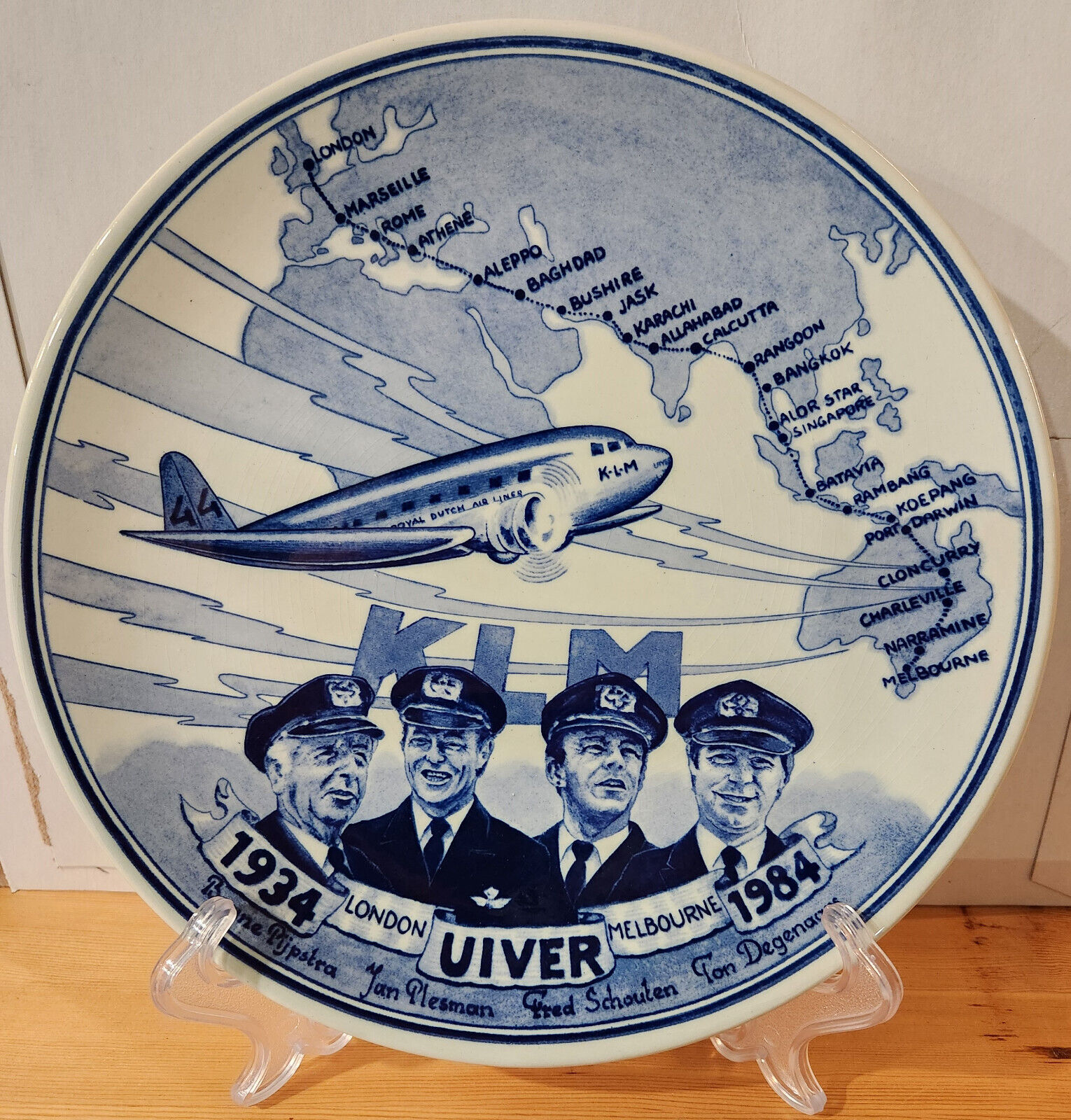 Special Ed. Delft Blue Commemorative Plate KLM Uiver London Melbourne 1934-1984