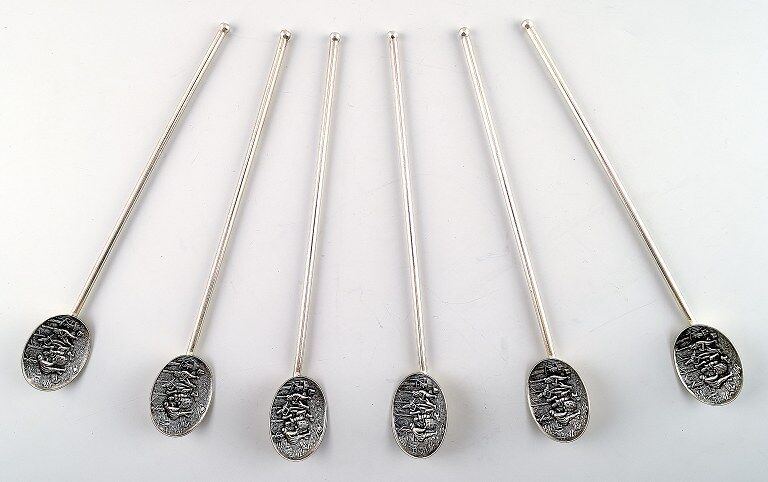 Set of 6 cocktail sticks silver plated. Stamped, Denmark.
