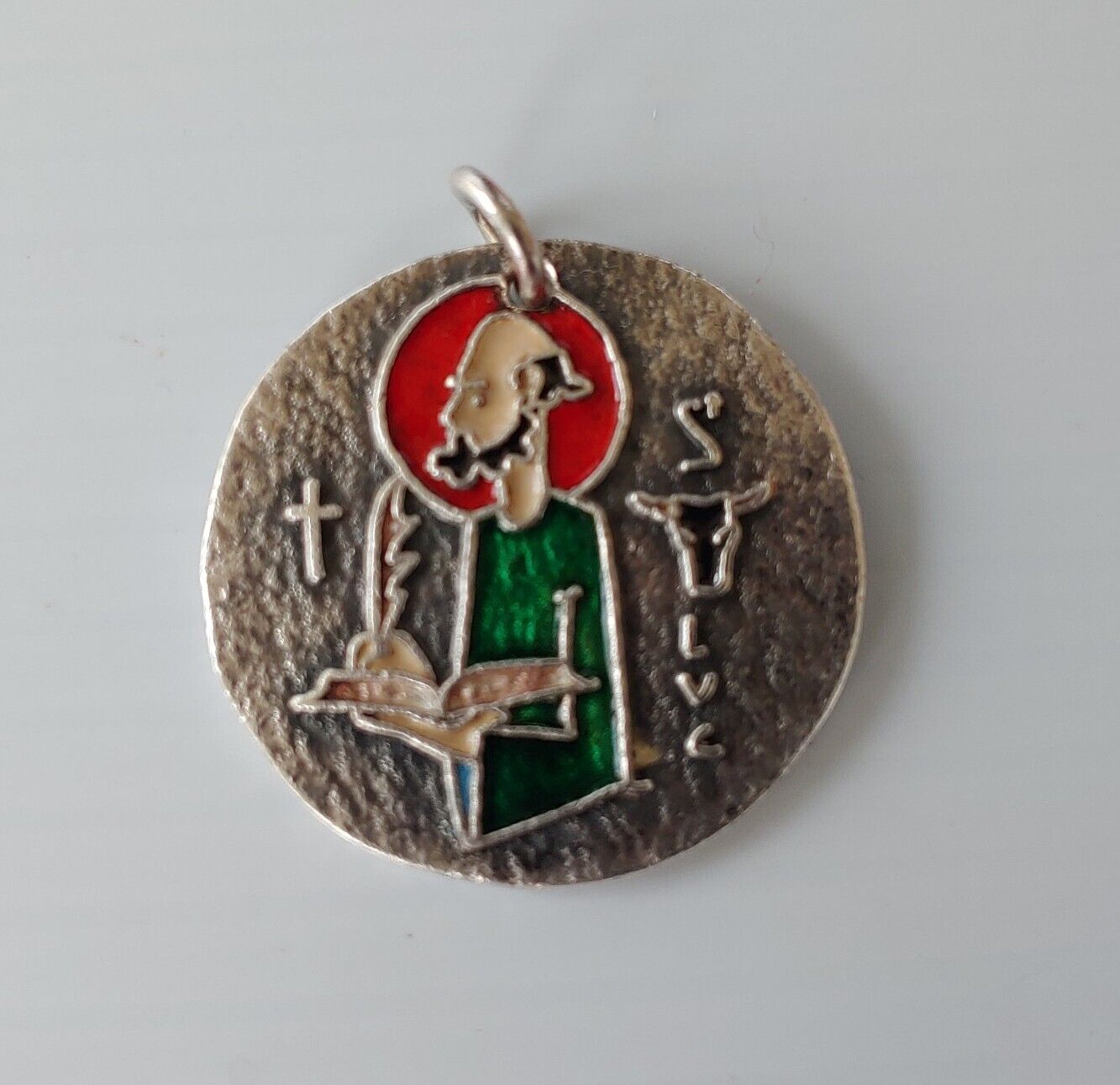 St Saint Luke Religious Medal French Silver Enamel Elie Pellegrin Pe Pendant Vtg