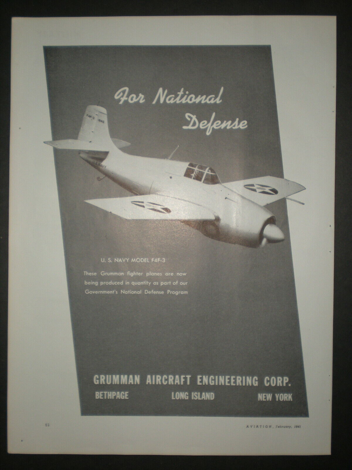 1941 GRUMMAN US NAVY F4F-3 FIGHTER PLANE WWII vintage Trade print ad
