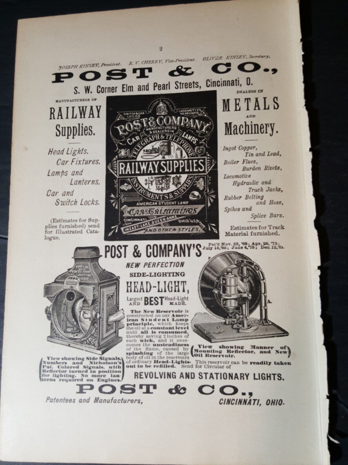 Original 1886 print ad POST & CO railroad supply head light  lamp  Cincinnati OH