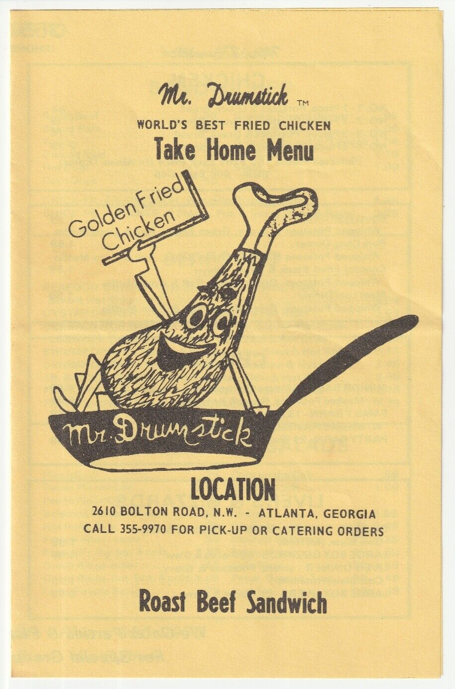 1970s~Mr Drumstick~BEST FRIED CHICKEN~Atlanta Georgia GA~Vintage Restaurant Menu