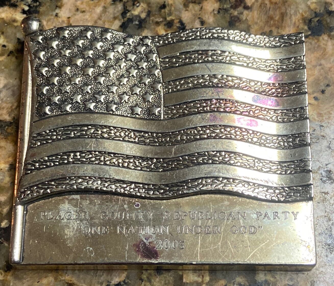 Nice 2005 Metal Placer County CA Republican Party US Flag Shaped Paperweight