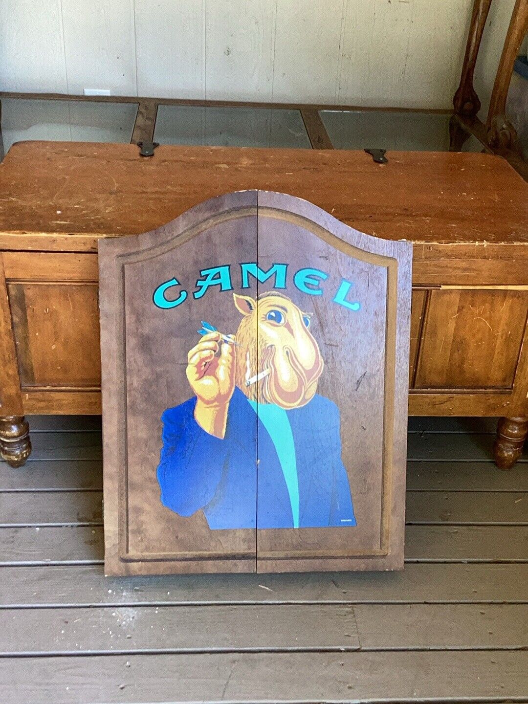 1992 Vintage Joe Camel Dart Board Solid Wood Cabinet Doors Cigarette 26X20