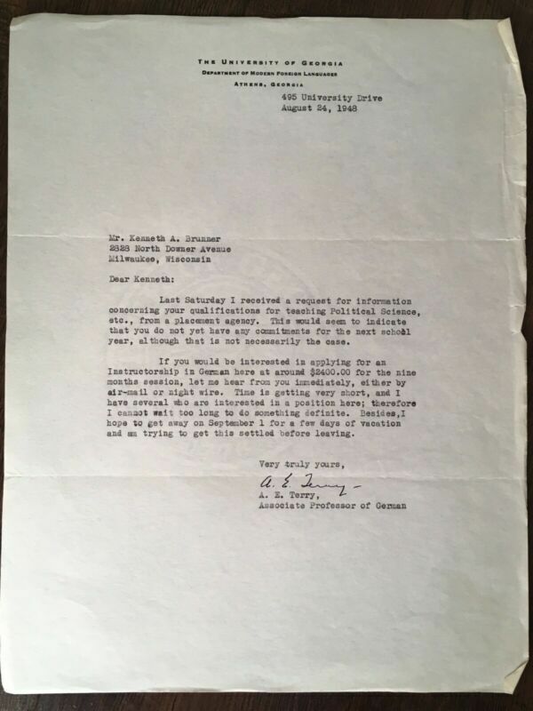 Vtg June 1948 University of Georgia Letter Signed By A. E. Terry Assoc Professor