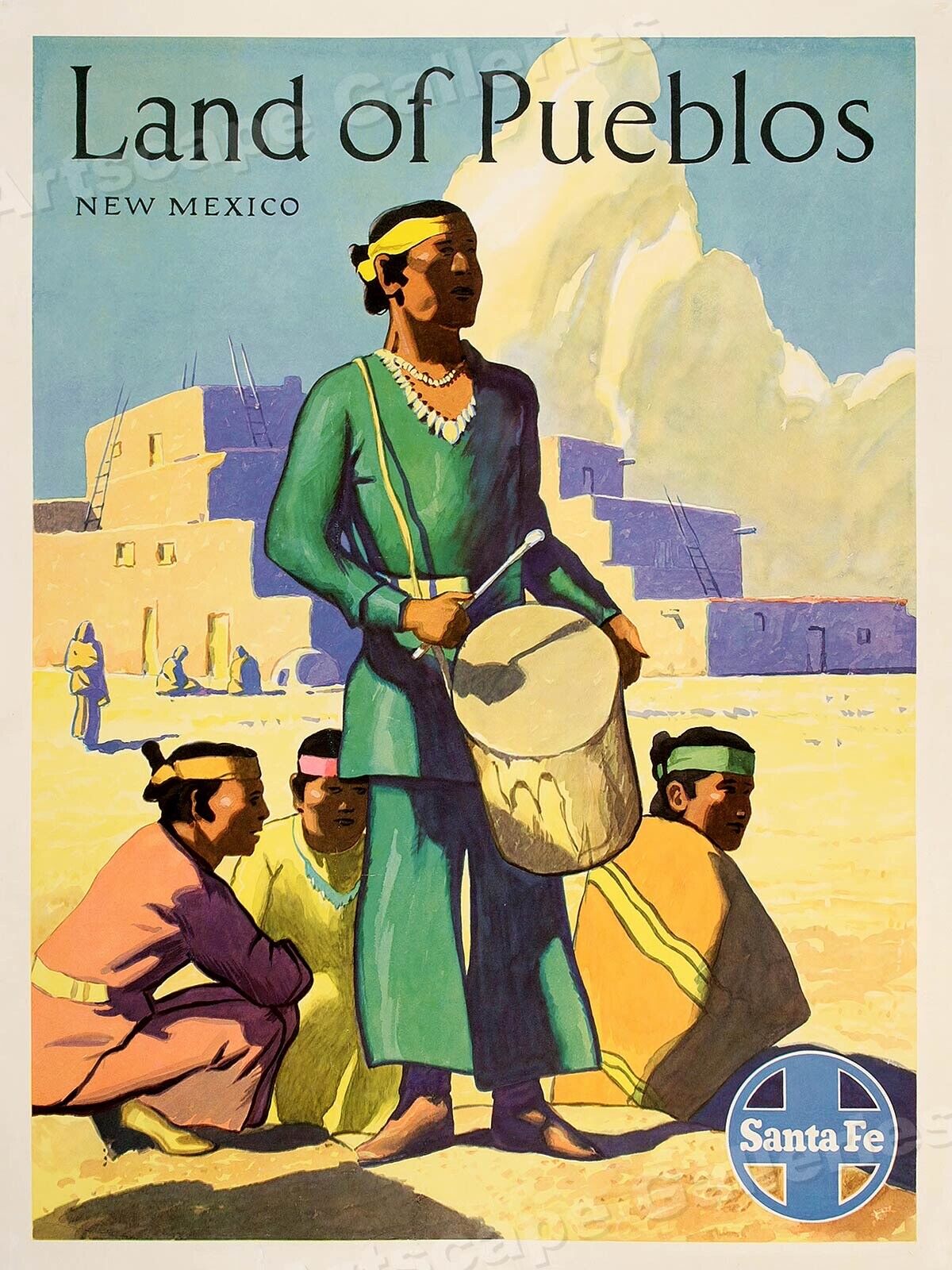 1950s Santa Fe Land of Pueblos New Mexico Vintage Style Travel Poster - 18x24