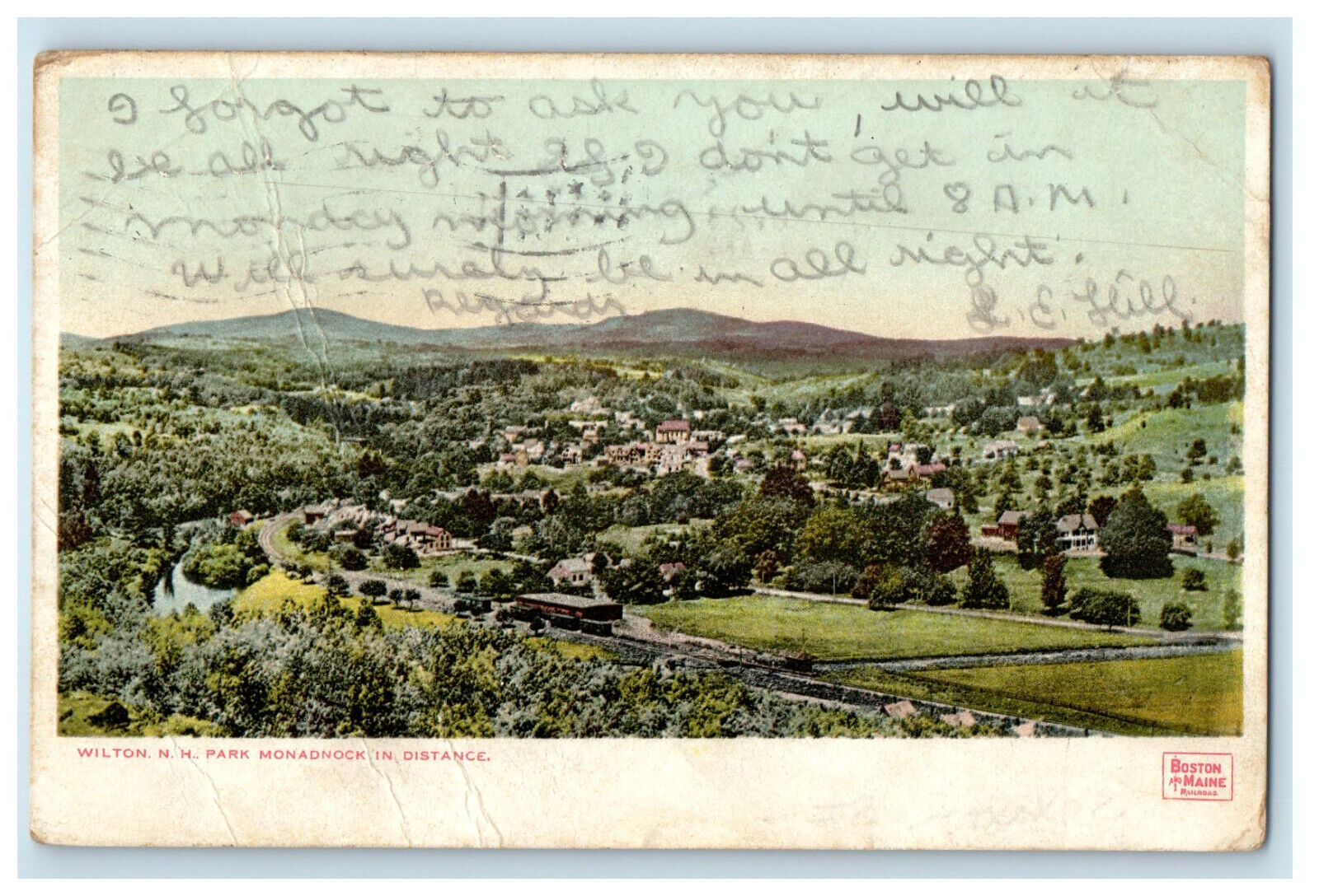 1907 Park Monadnock in Distance, Wilton NH Alburg & Boston RPO Postcard