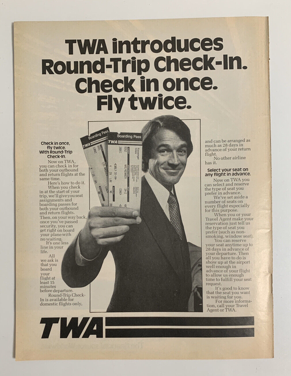 1978 TWA Print Ad Original Vintage Round Trip Check In Trans World Airlines Air
