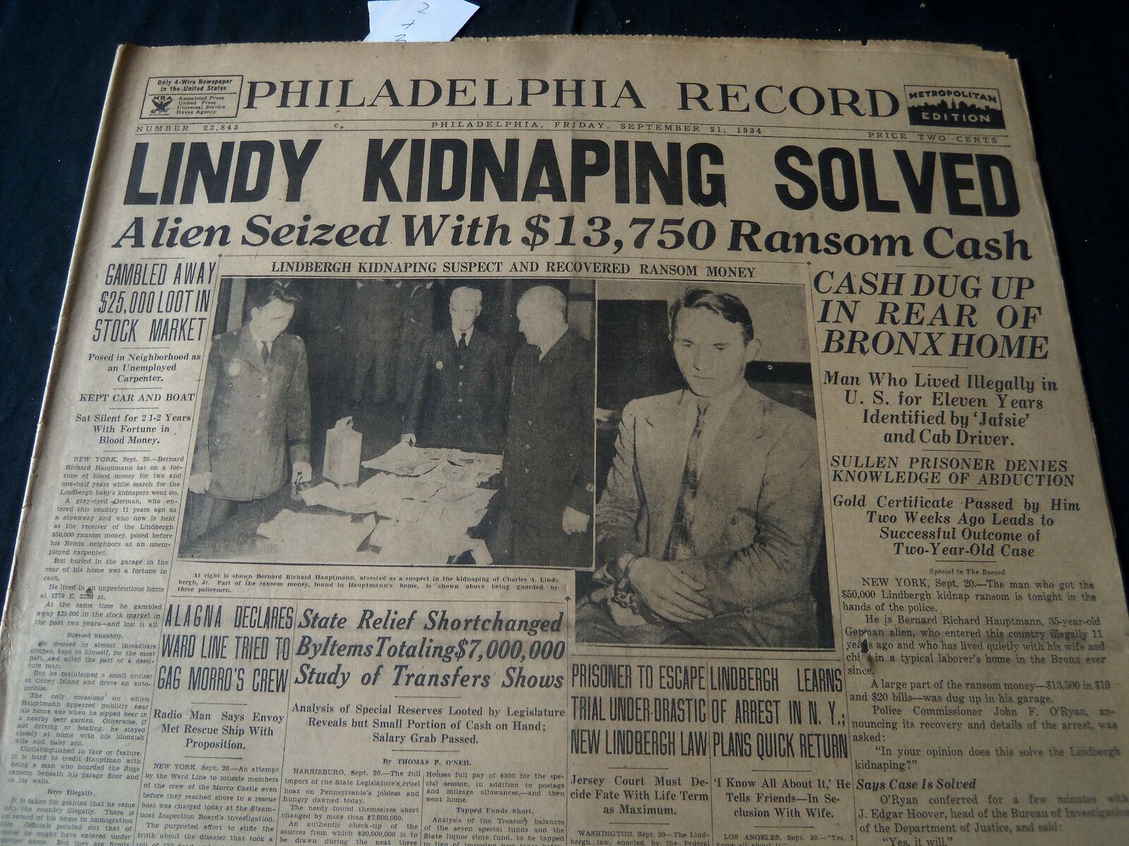 1934 SEPT 21 PHIADELPHIA RECORD NEWSPAPER - LINDY KIDNAPING SOLVED - NT 7260