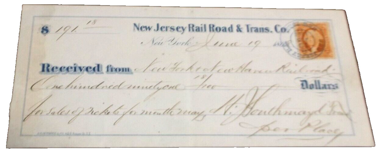 JUNE 1868 NEW JERSEY RAILROAD AND TRANSPORTATION COMPANY PRR PREDECESSOR RECEIPT