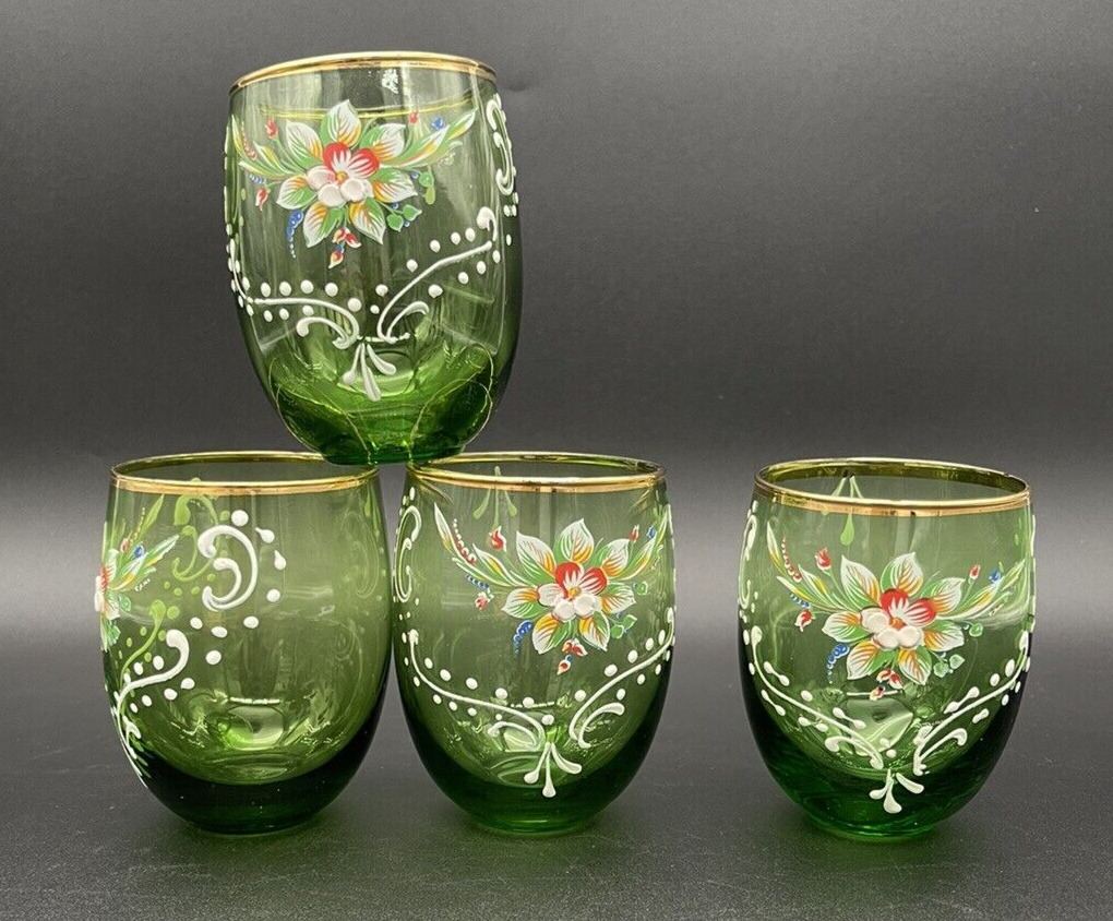 VTG Czech Emerald Green Glass Hand Painted Enameled Flowers Gold Gilt -Set of 4