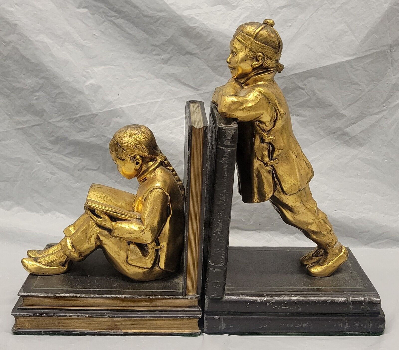 RARE art deco Pair Chinese children Cast Metal Bookends By Ronson 1929 #4125