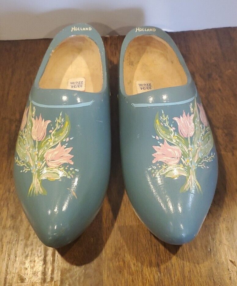 Vintage VZ Dutch Blue Wooden Shoes Clogs Tulip Pattern Size 33/34 22cm Rare