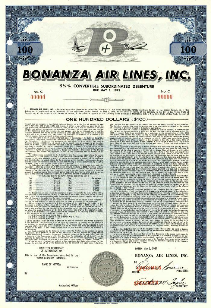 Bonanza Air Lines, Inc. - $100 - Specimen Stocks & Bonds