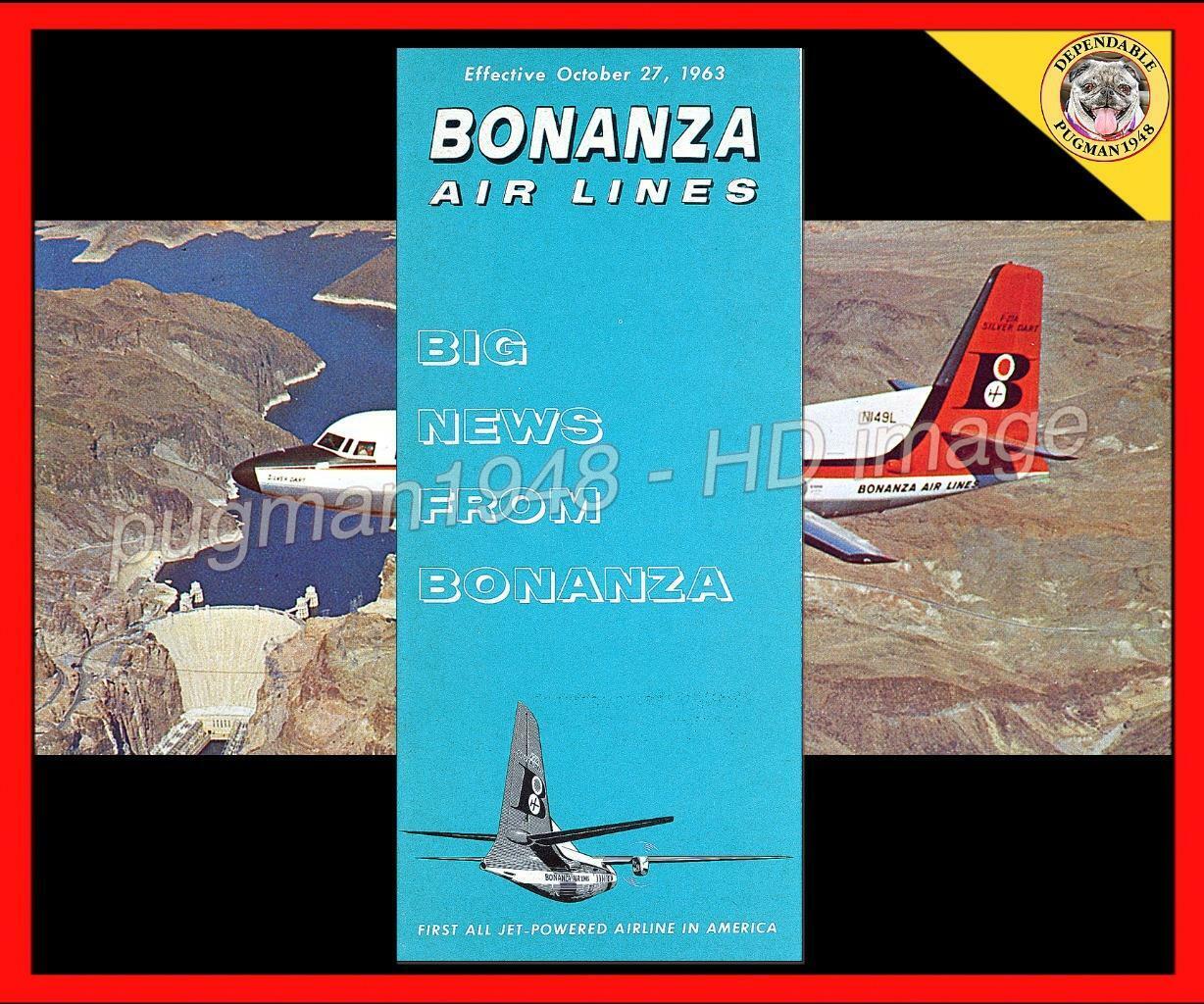 BONANZA AIRLINES 1963 AIRLINE TIMETABLE SCHEDULE...PLUS F-27 inflight postcard